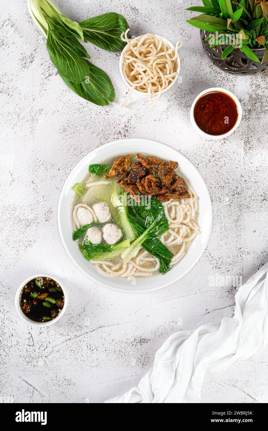 Fish Ball Rice Noodles Soup with Beef Flank Traditional Chinese Cuisine