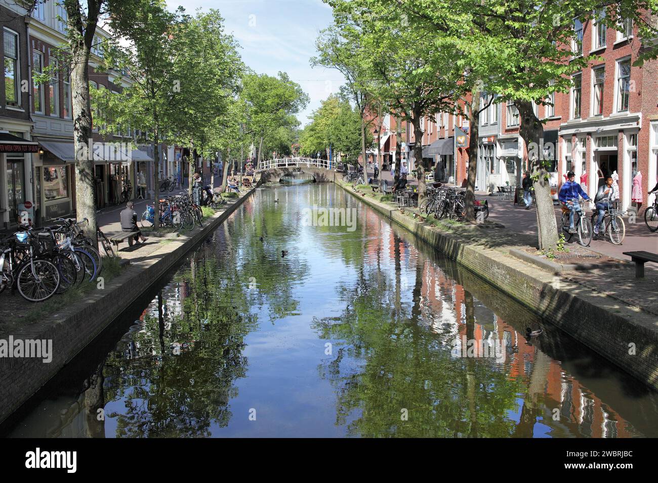 Molslaan, a tree-lined pedestrian street on either side of a canal, on the edge of Delft city centre. Stock Photo