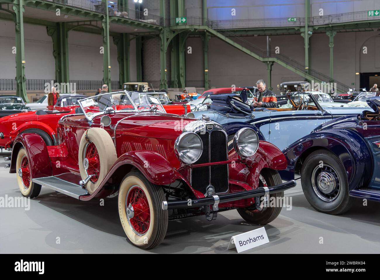 Paris, France - Bonhams 2020 sale at the Grand Palais in Paris. Focus on a red 1928 Auburn Model 88 Boattail Speedster. Chassis no. 88 1306. Stock Photo