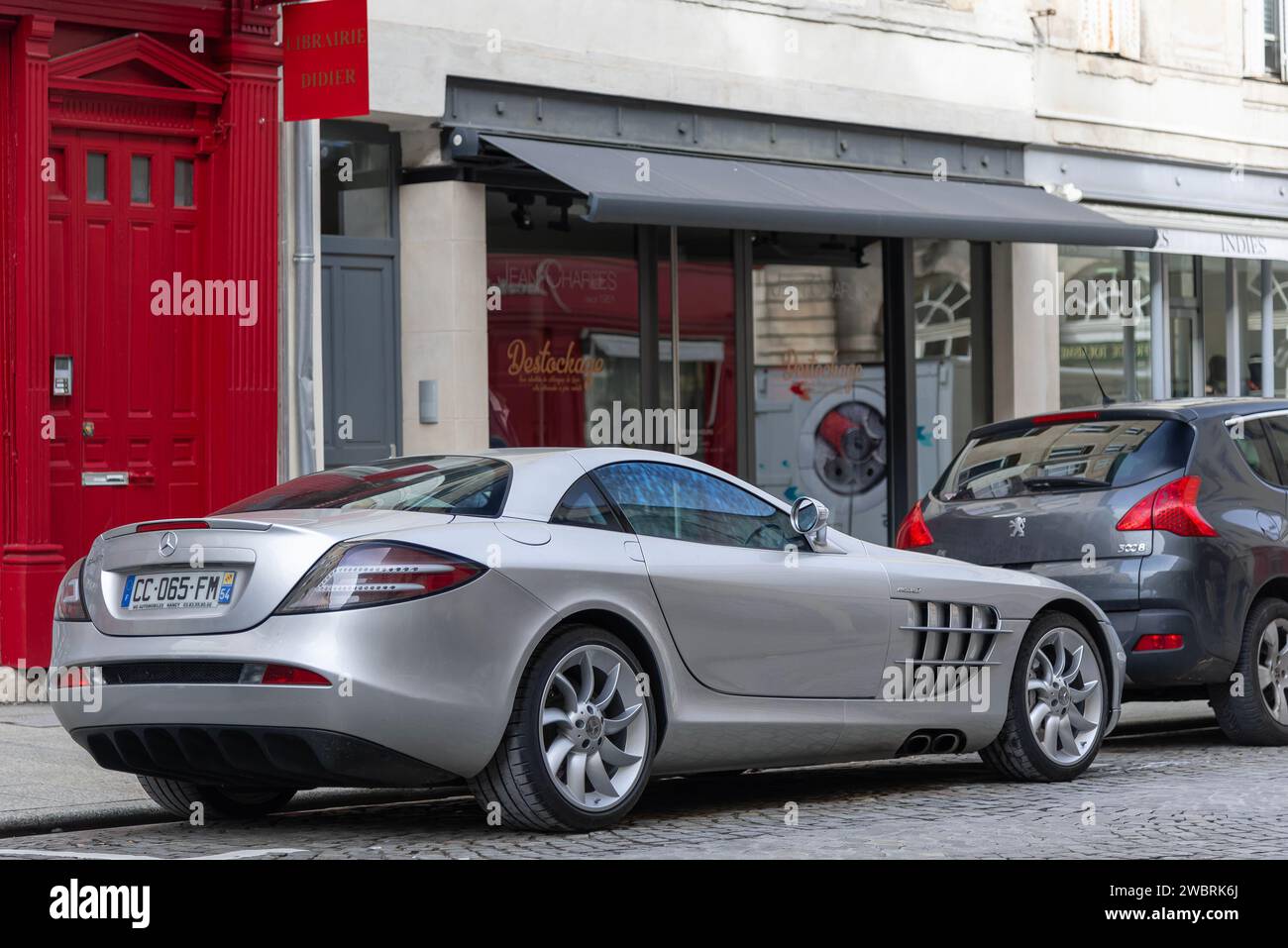 Nancy, France - Grey Mercedes-Benz SLR McLaren parked on a street. Stock Photo