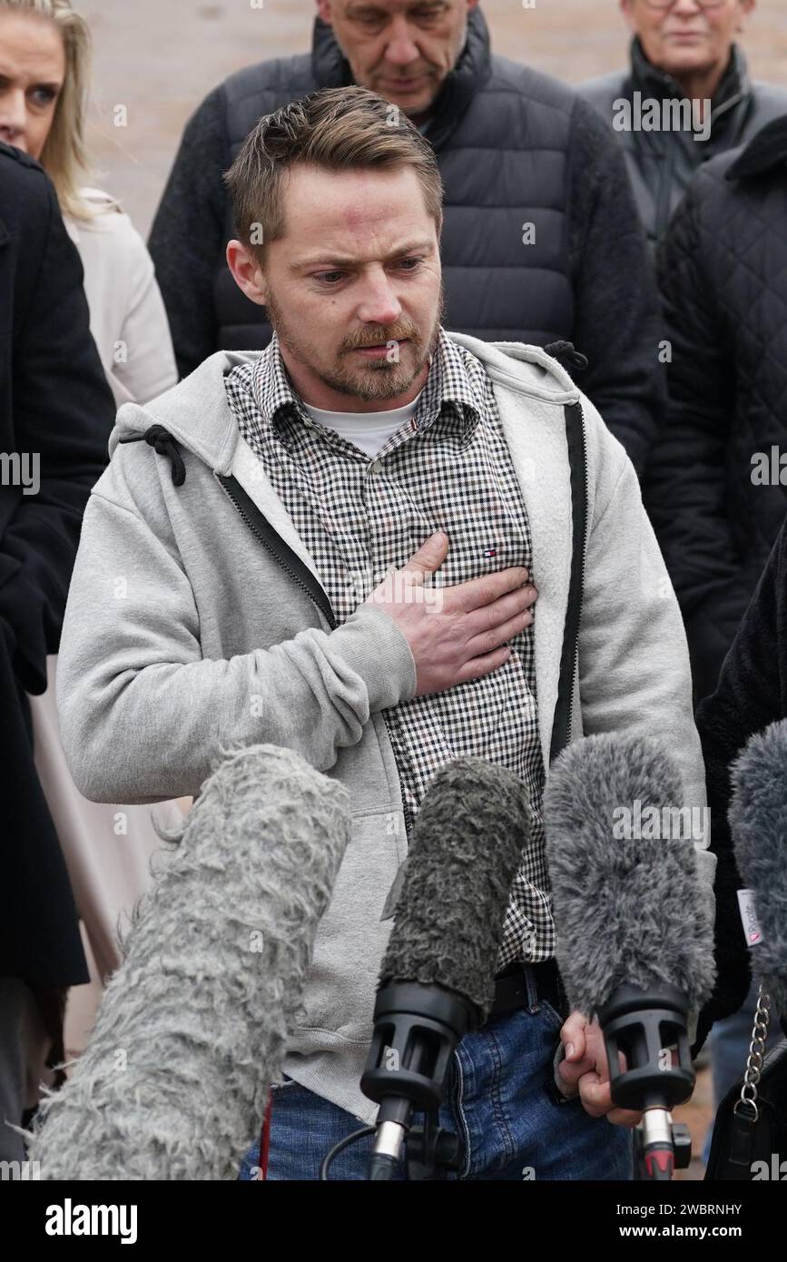 Sam Phillips, the father of Alfie Phillips, speaking to the media outside Maidstone Crown Court, Kent, after Sian Hedges and her former partner Jack Benham and were jailed for life with a minimum term of 19 and 23 years respectively for the murder of her 18-month-old son Alfie in a caravan in 2020. Alfie suffered 70 injuries to his body in the the whisky and cocaine-fuelled overnight attack by Hedges and Benham in his caravan in Hernhill, Kent. Picture date: Friday January 12, 2024. Stock Photo