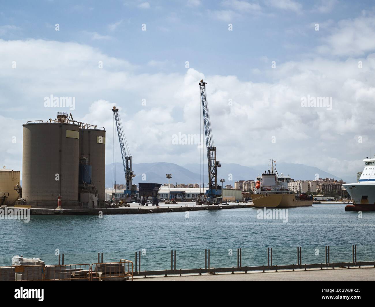 View of the cargo industrial port of Málaga, Spain, container ship