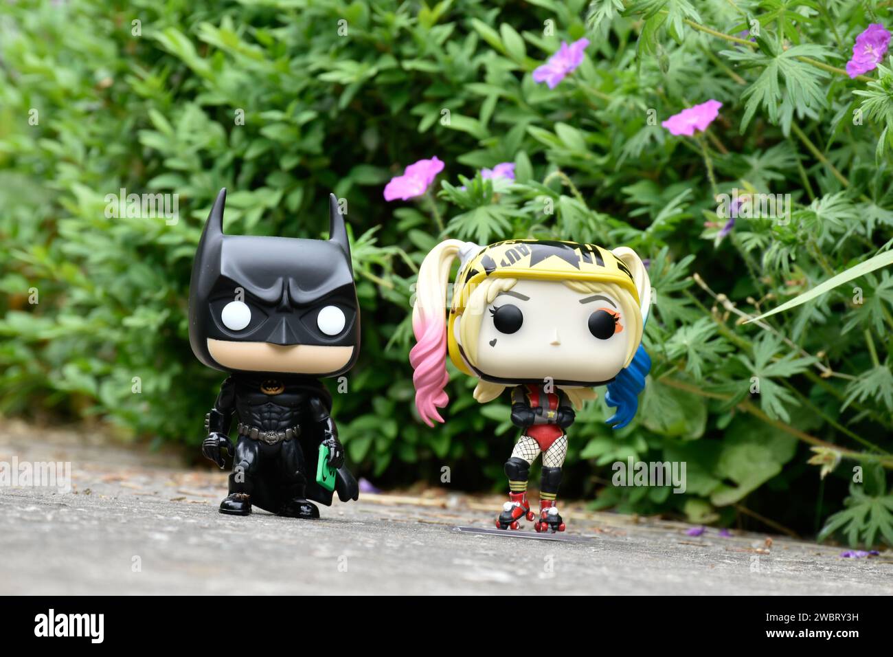 Funko Pop action figures of DC comics superheroes Batman and Harley Quinn standing on asphalt road in spring park, green grass, pink flowers. Stock Photo