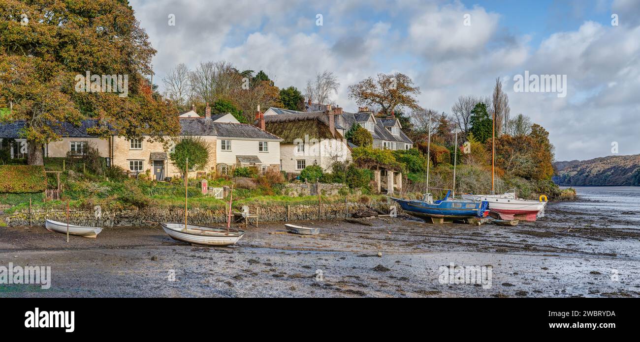 St Clement, Cornwall, an attractive rural village sitting on the edge of the estuary near Truro. Autumn colour, moored boats and quaint cottages. Stock Photo