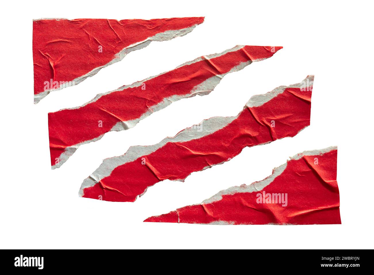 Torn red paper in various shapes on white background with clipping path ...