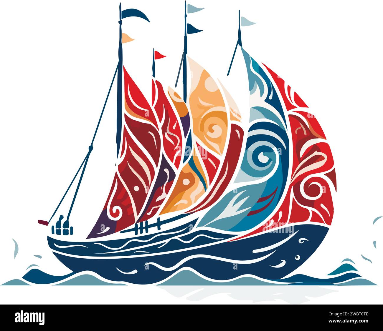 Vector ornamental ancient sailboat illustration. Abstract historical mythology ship logo. Good for print or tattoo. Stock Vector