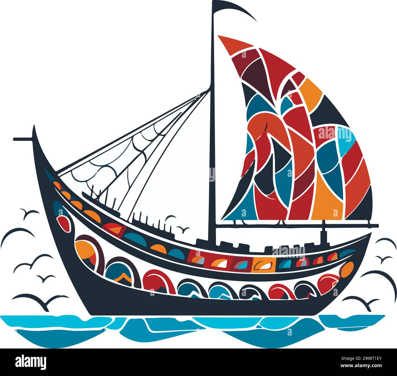 Vector ornamental ancient sailboat illustration. Abstract historical mythology ship logo. Good for print or tattoo. Stock Vector