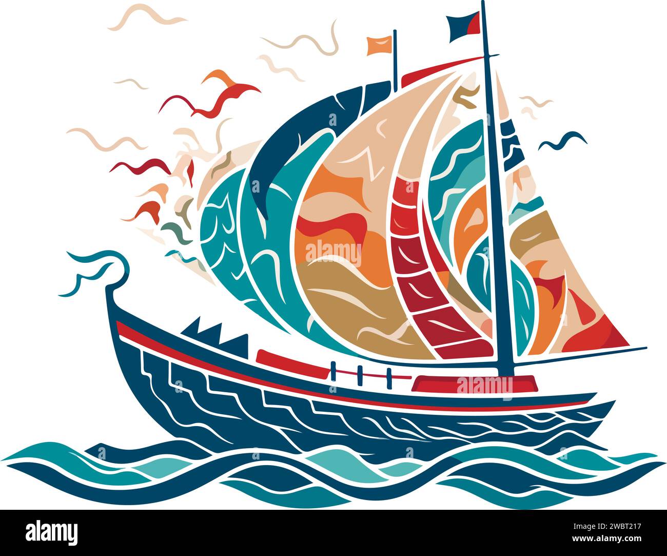 Vector ornamental ancient sailboat illustration. Abstract historical mythology ship logo. Good for print or tattoo. Stock Vector