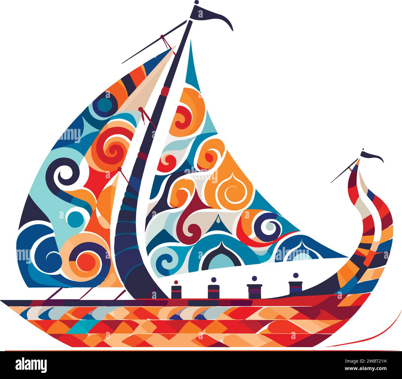 Vector ornamental ancient sailboat illustration. Abstract historical mythology ship logo. Good for print or tattoo. Stock Vector