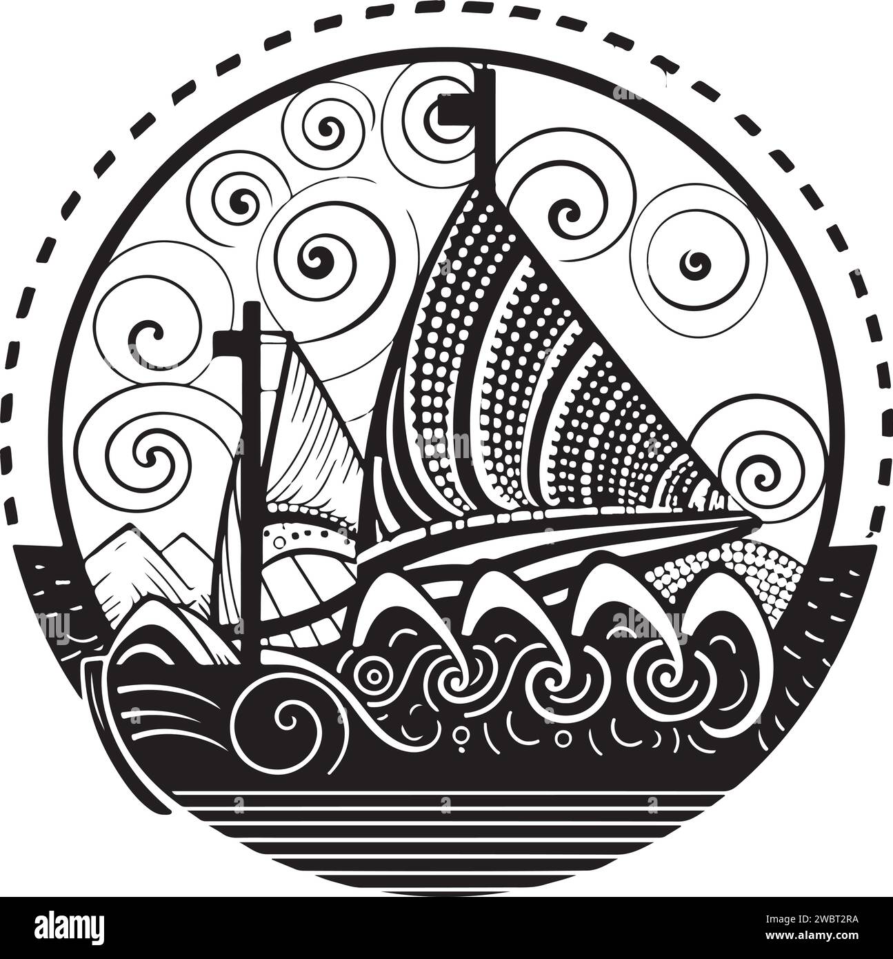 Vector ornamental ancient sailboat illustration. Abstract historical mythology ship logo. Good for print or tattoo. Stock Vector