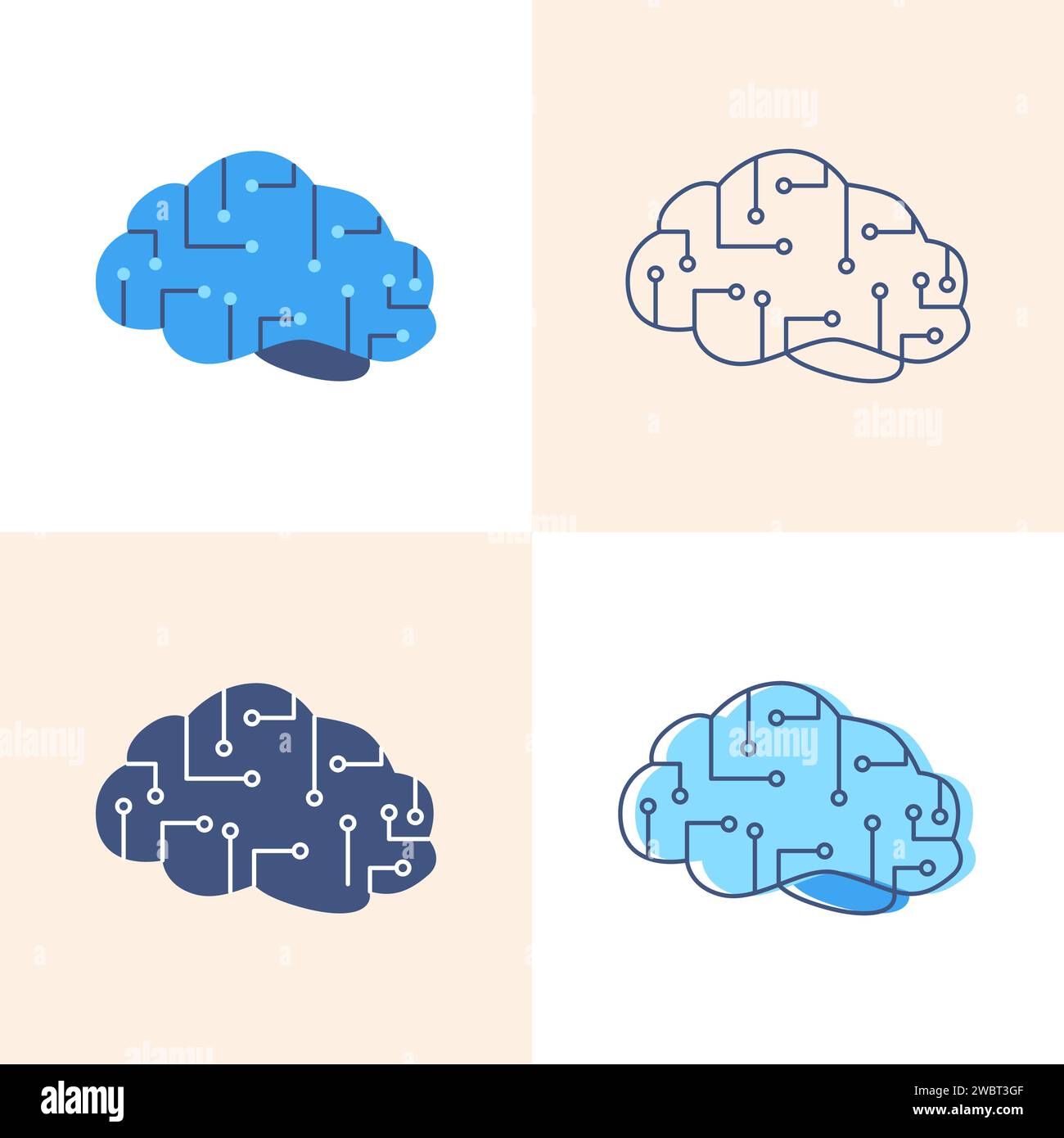 Artificial intelligence icon set in flat and line style. Digital self learning technology concept. Vector illustration. Stock Vector