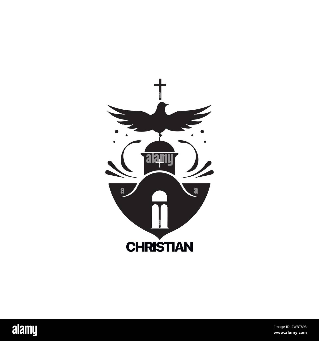 Christian Logo template with church, temple and dove wings. Black and white christian symbol. Pigeon wings and church tower logotype Stock Vector