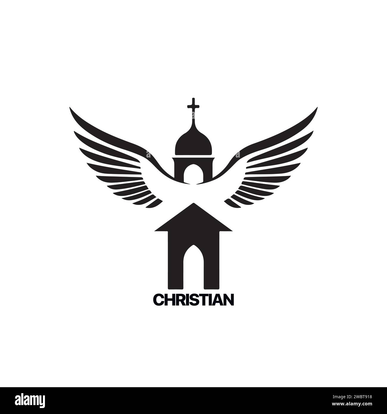 Christian Logo template with church, temple and dove wings. Black and white christian symbol. Pigeon wings and church tower logotype Stock Vector