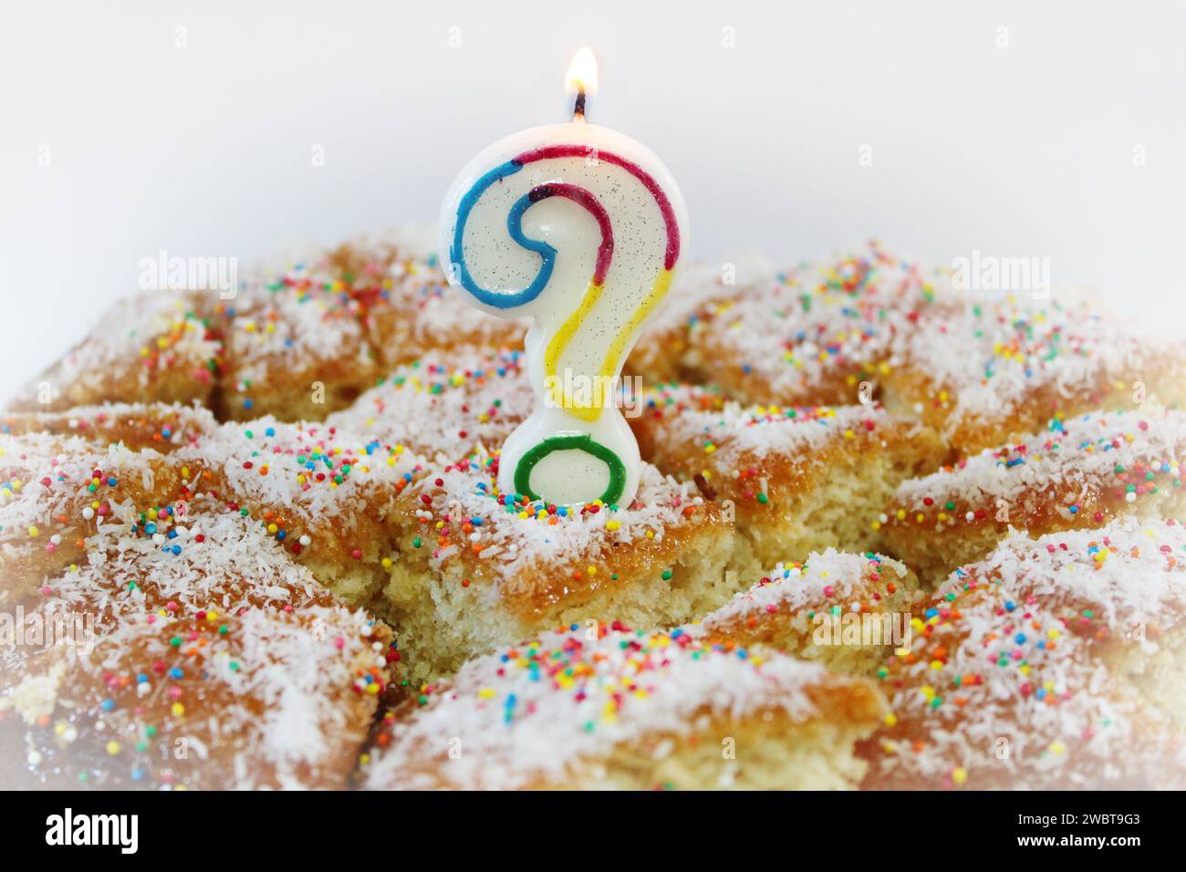 A question mark candle on pieces of birthday cakes Stock Photo Alamy