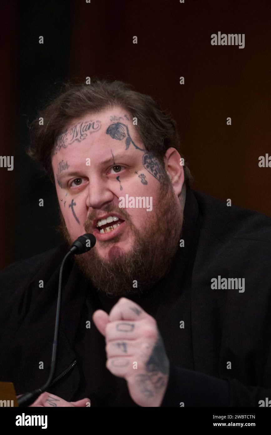 Washington, United States. 11th Jan, 2024. Jason “Jelly Roll” DeFord opening remarks at United States Senate Banking, Housing, and Urban Affairs Hearings to examine stopping the flow of fentanyl, focusing on public awareness and legislative solutions in the Dirksen Senate Office Building on Capitol Hill in Washington, DC, Thursday, January 11, 2024. Photo by Rod Lamkey/CNP/ABACAPRESS.COM Credit: Abaca Press/Alamy Live News Stock Photo