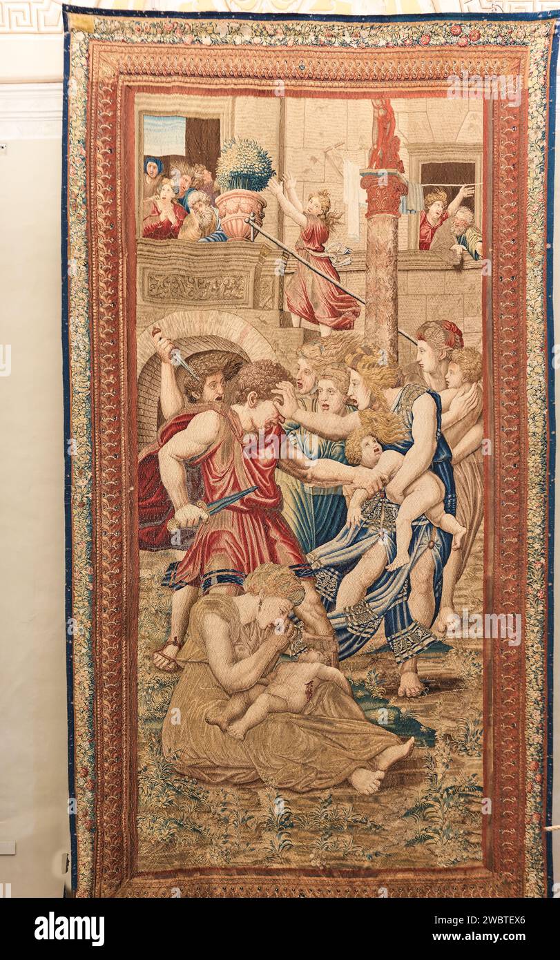 Tapestry of the Scola Nuova featuring the massacre of the innocents; Galleria degli Arazzi, Vatican museum, Rome, Italy. Stock Photo