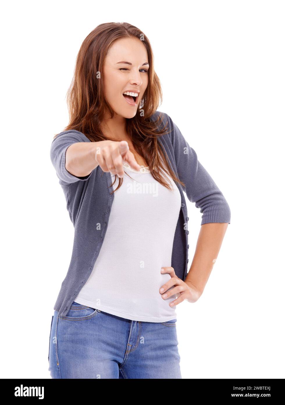 Volunteer woman pointing finger hi-res stock photography and images - Alamy