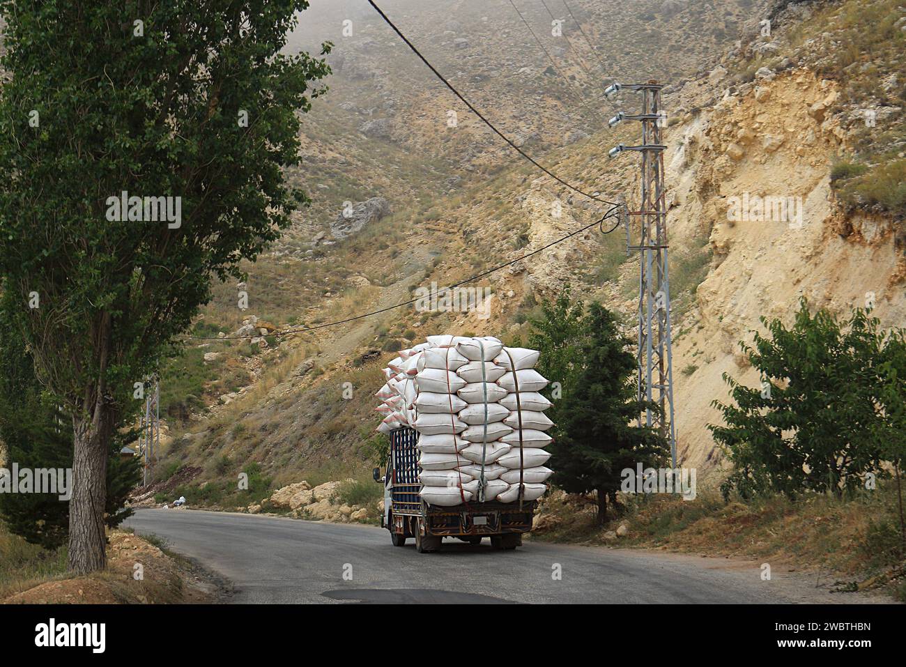 A pickup truck loaded with white bags driving on a rural road in Lebanon. Stock Photo