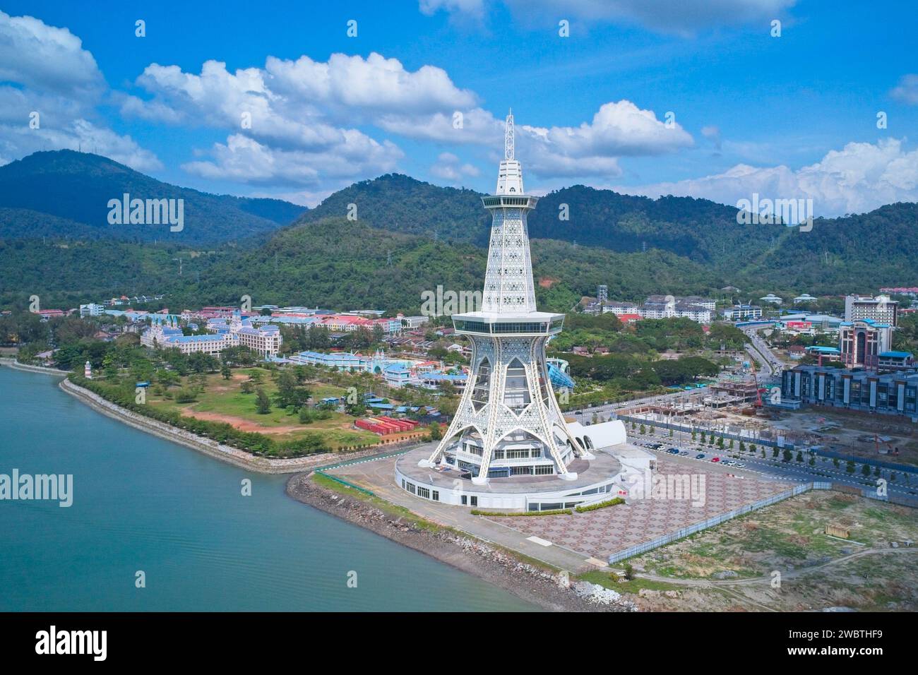 Maha Tower an architectural marvel that stands 138m high in Kuah town brings life with unique attractions and waterfront pleasure. Stock Photo