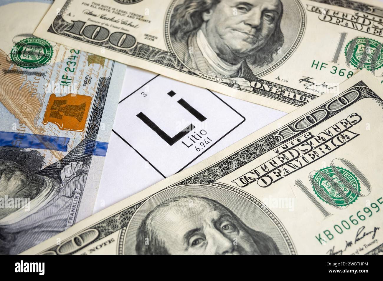 Lithium symbol surrounded by hundred dollar bills. Stock Photo