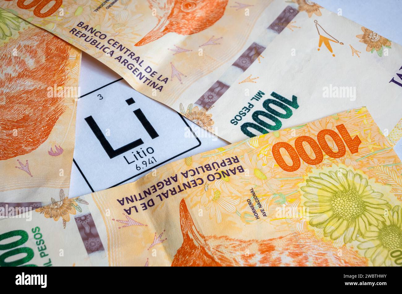 Lithium symbol surrounded by Argentine currency. Stock Photo