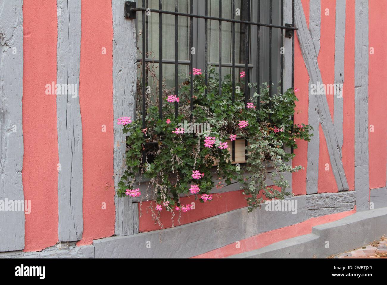 The pink-themed town-hall in a half-timbered building in Mesnil-Saint-Père in the Champagne-Ardennes region of France. Stock Photo