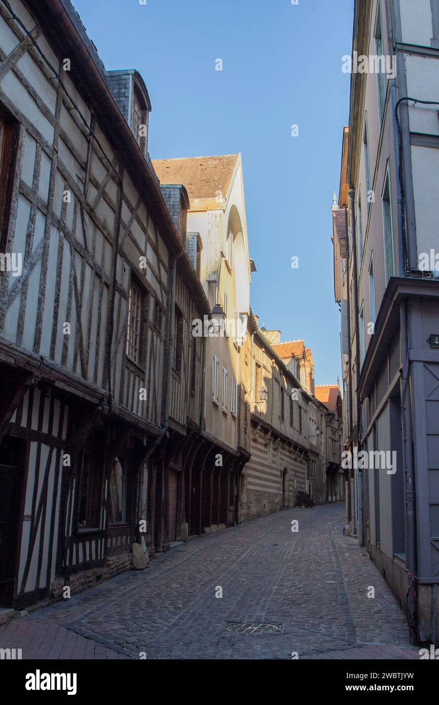 Early on a sunny morning in the centre of Troyes, France, the cobbled rue Larivey, lined with medieval timber-framed houses, is car and people free. Stock Photo