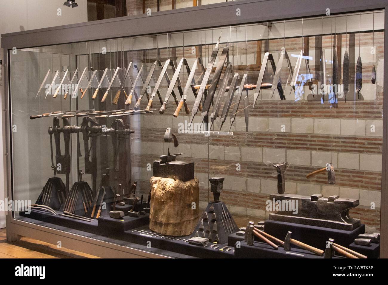 Handcrafted wood and metal files and what you need to make these handtools, on display at the Maison de l'Outil (tool museum) in Troyes, France. Stock Photo