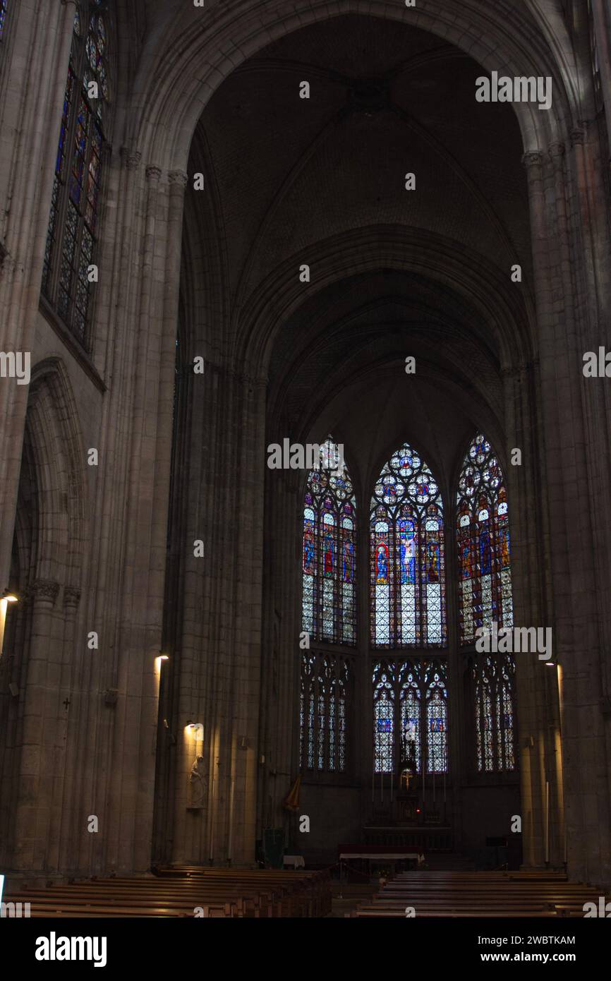 XIIIth century stained glass occupies some 5/6ths of the choir in St Urbain Basilica, Troyes, France. Stock Photo