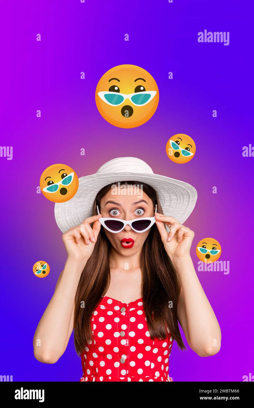 Vertical collage picture photo young impressed astonished girl take off sunglass social network emoji surprised tourist vacation Stock Photo