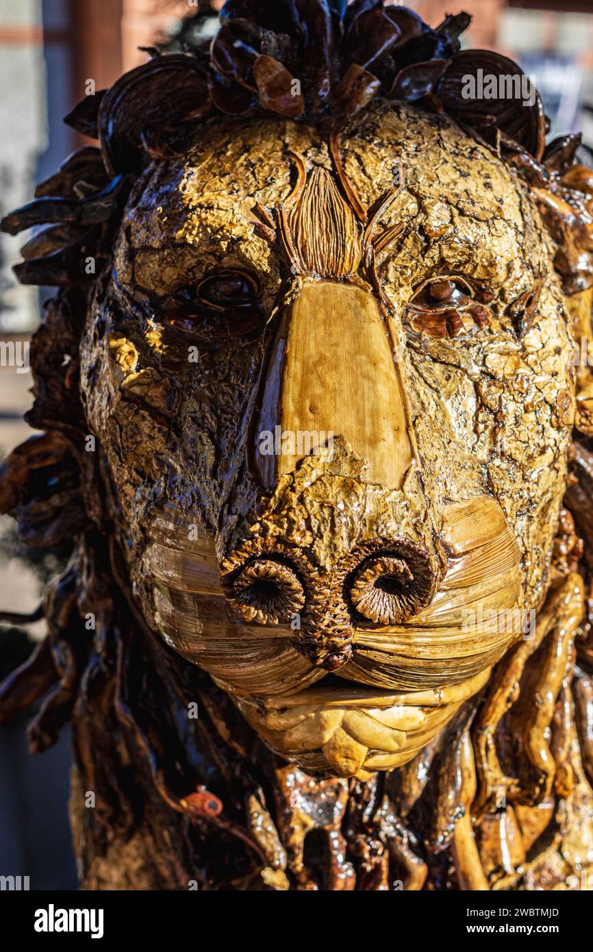 Detail of a statue of a lion--its face seems to be made of natural elements, covered with shellac Stock Photo