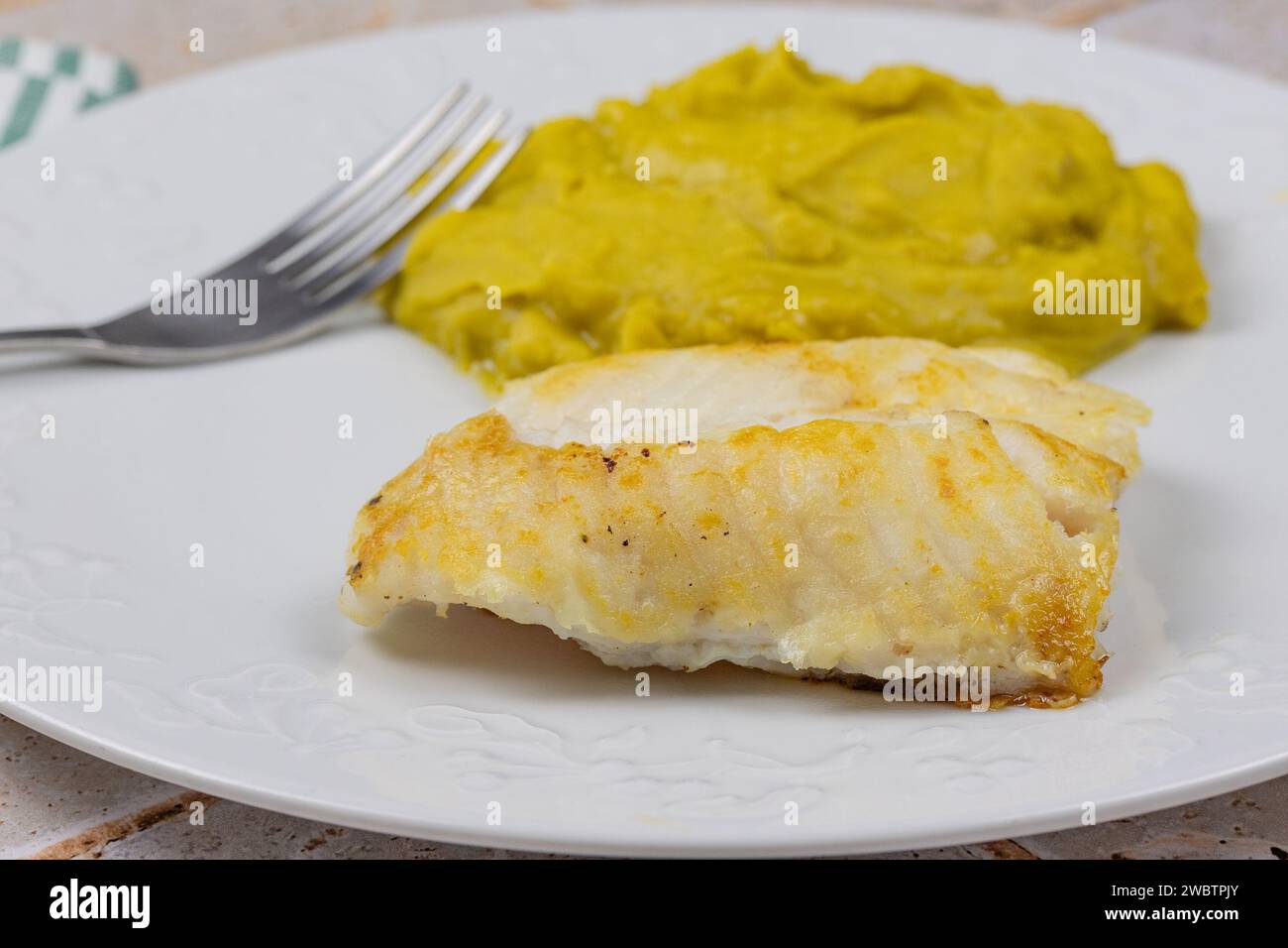 conger eel filet and split pea puree Stock Photo