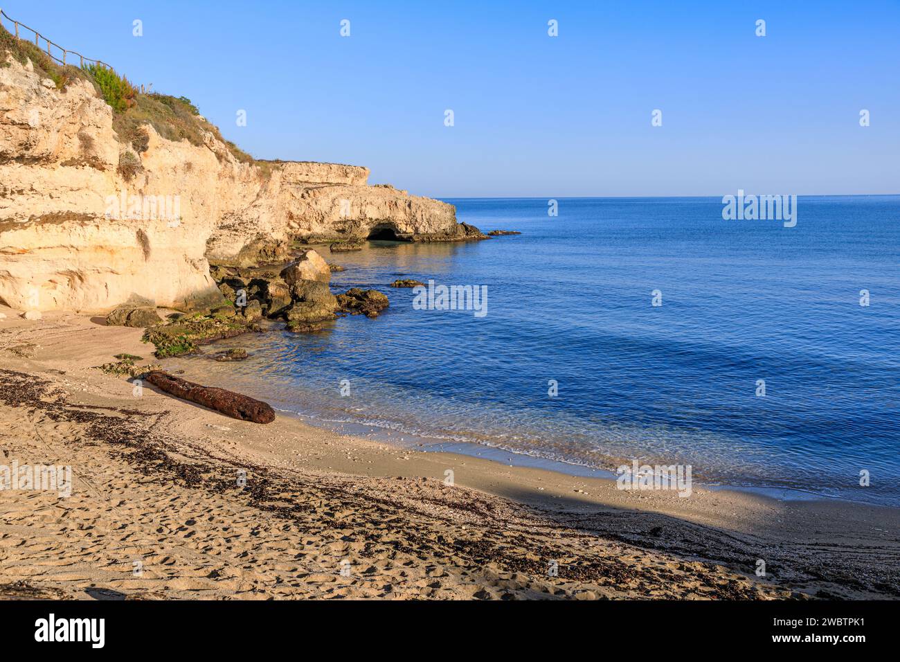 The most beautiful Apulian coast in Italy: Cala Corvino Beach. Typical coastline near Monopoli : high and rocky coast characterized by small sandy cov Stock Photo