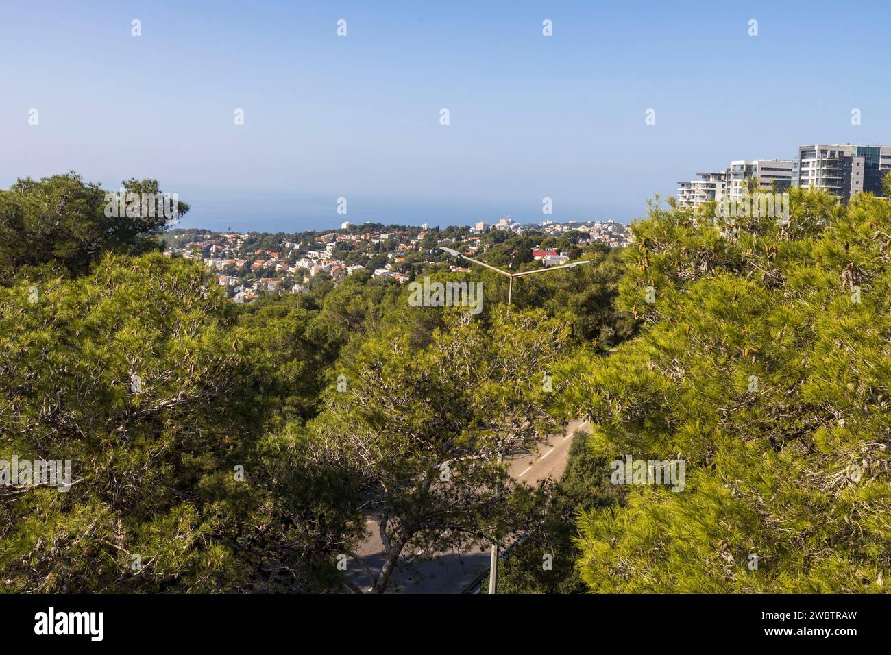 View of the Nesher Nature Reserve from the pedestrian bridge in good weather Stock Photo