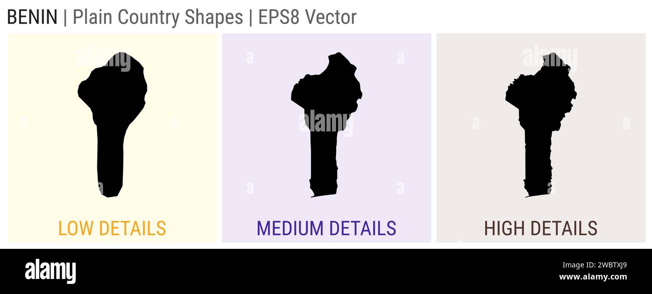 Benin - plain country shape. Low, medium and high detailed maps of Benin. EPS8 Vector illustration. Stock Vector