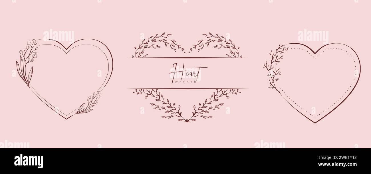 Hand drawn floral wreath with heart and leaves. Flower botanical frame ...