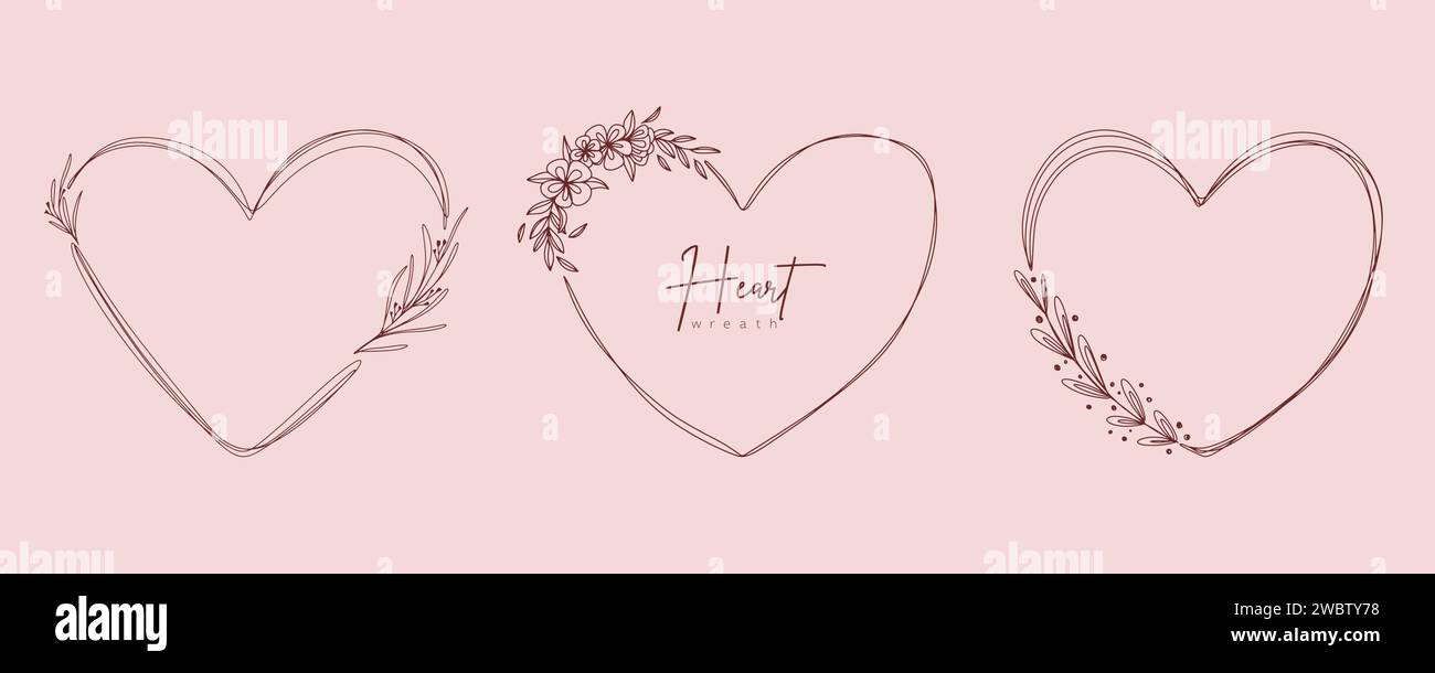 Hand drawn floral wreath with heart and leaves. Flower botanical frame ...