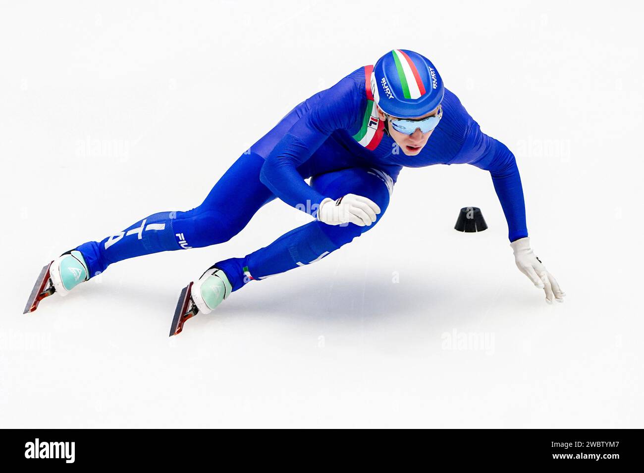Gdansk, Poland. 12th Jan, 2024. GDANSK, POLAND - JANUARY 12: Thomas Nadalini of Italy competing on the Mixed Team Relay Quarter Final during the ISU European Short Track Speed Skating Championships at Hala Olivia on January 12, 2024 in Gdansk, Poland. (Photo by Andre Weening/Orange Pictures) Credit: dpa/Alamy Live News Stock Photo