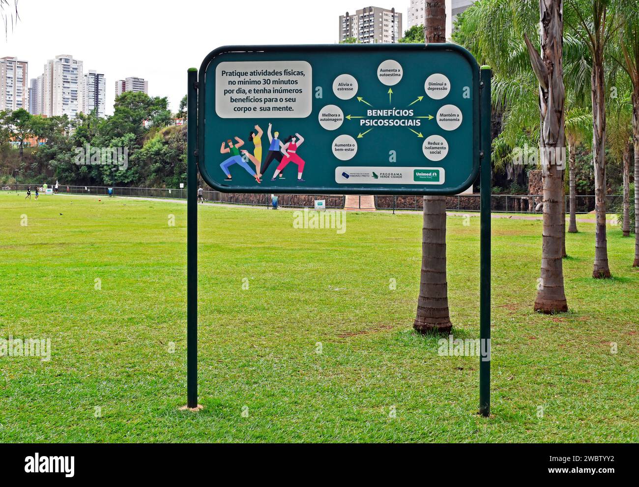 RIBEIRAO PRETO, SAO PAULO, BRAZIL - December 22, 2023: Signboard informing about the benefits of physical activity Stock Photo