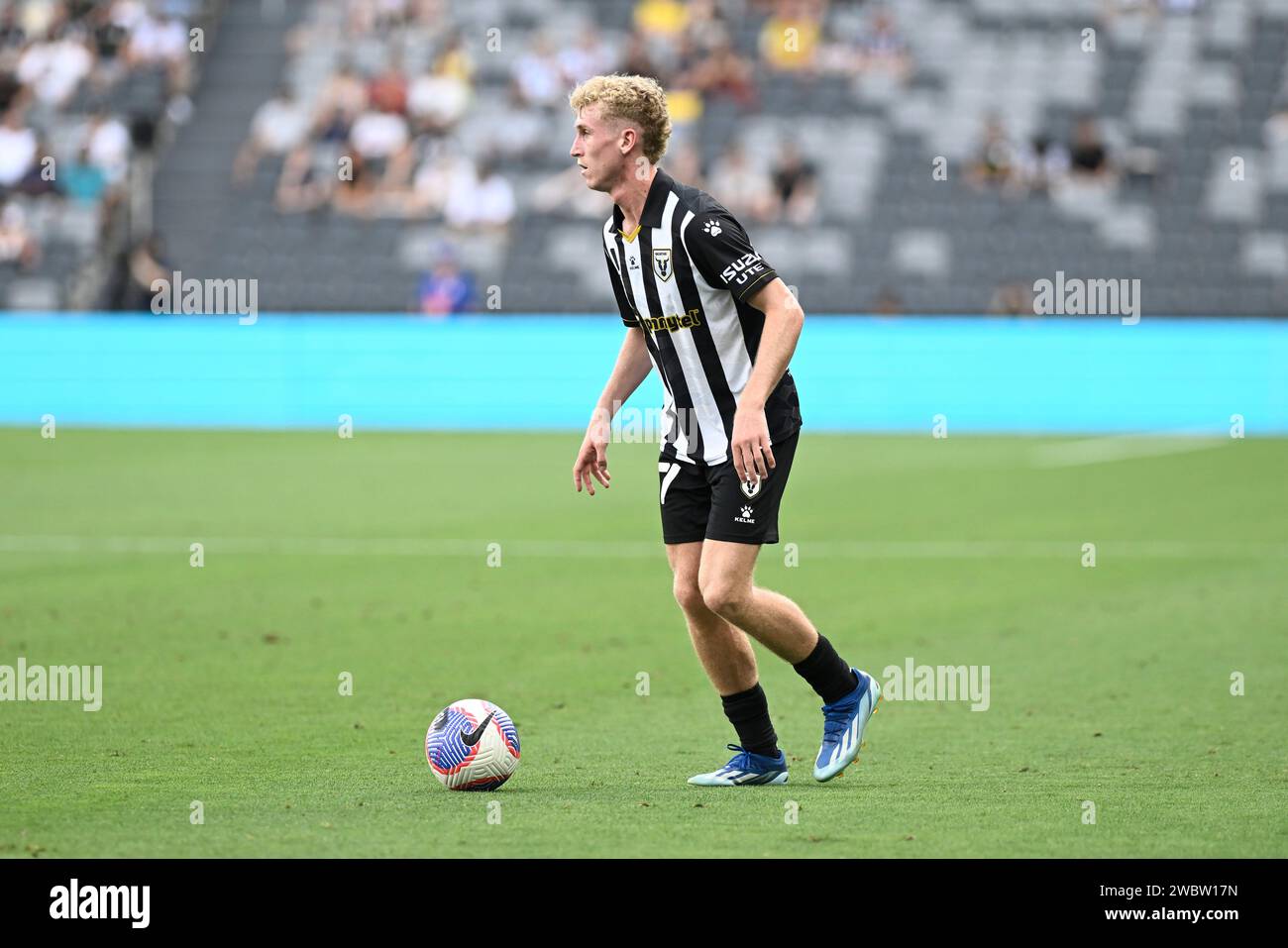12th January 2024; CommBank Stadium, Sydney, NSW, Australia: A-League Football, Macarthur FC versus Western United; Jed Drew of Macarthur FC looks for options to pass the ball forward Stock Photo