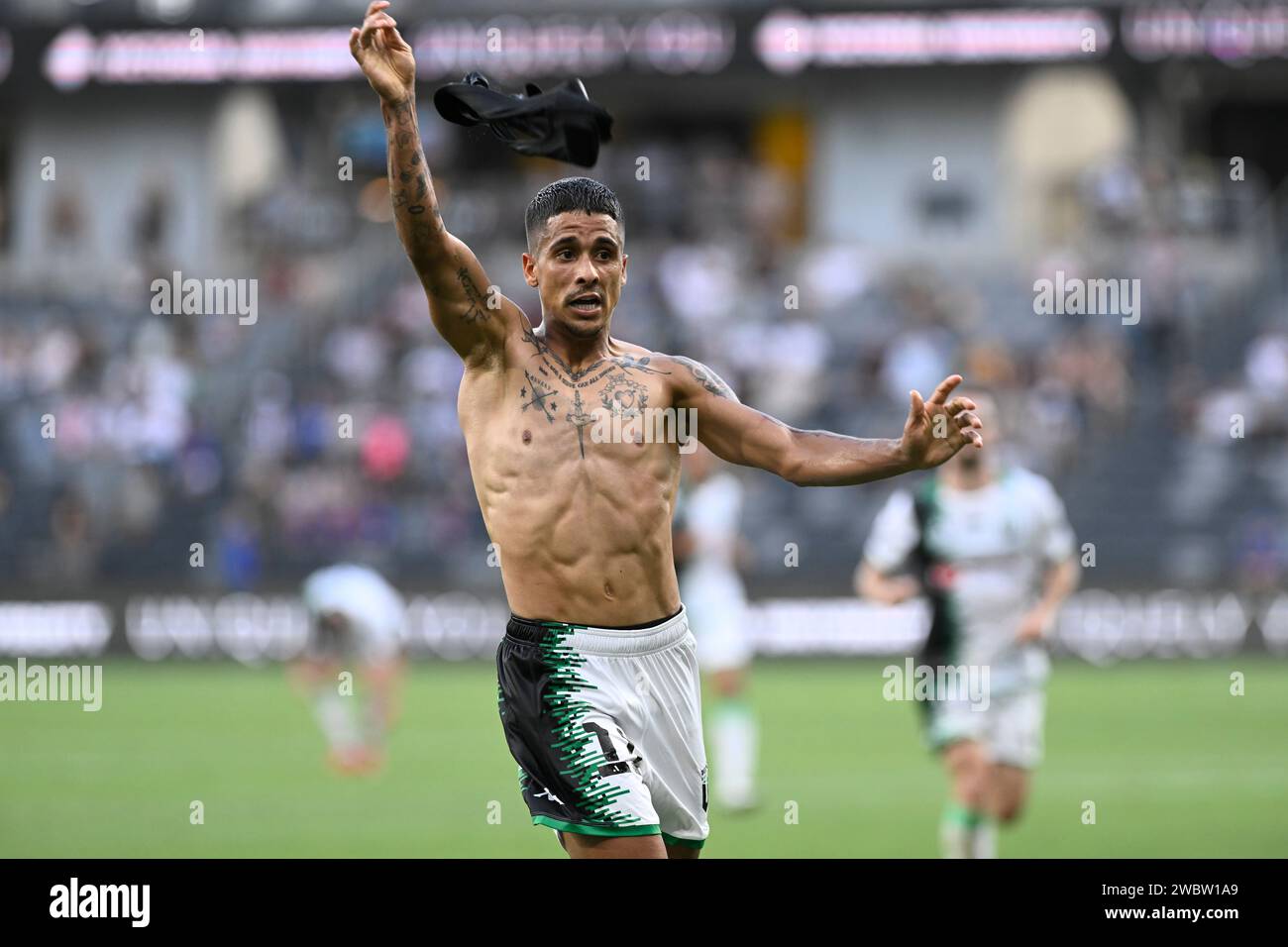 12th January 2024; CommBank Stadium, Sydney, NSW, Australia: A-League Football, Macarthur FC versus Western United; Daniel Penha of Western United takes his shirt off after scoring to make it 3-2 in the 85th minute Stock Photo
