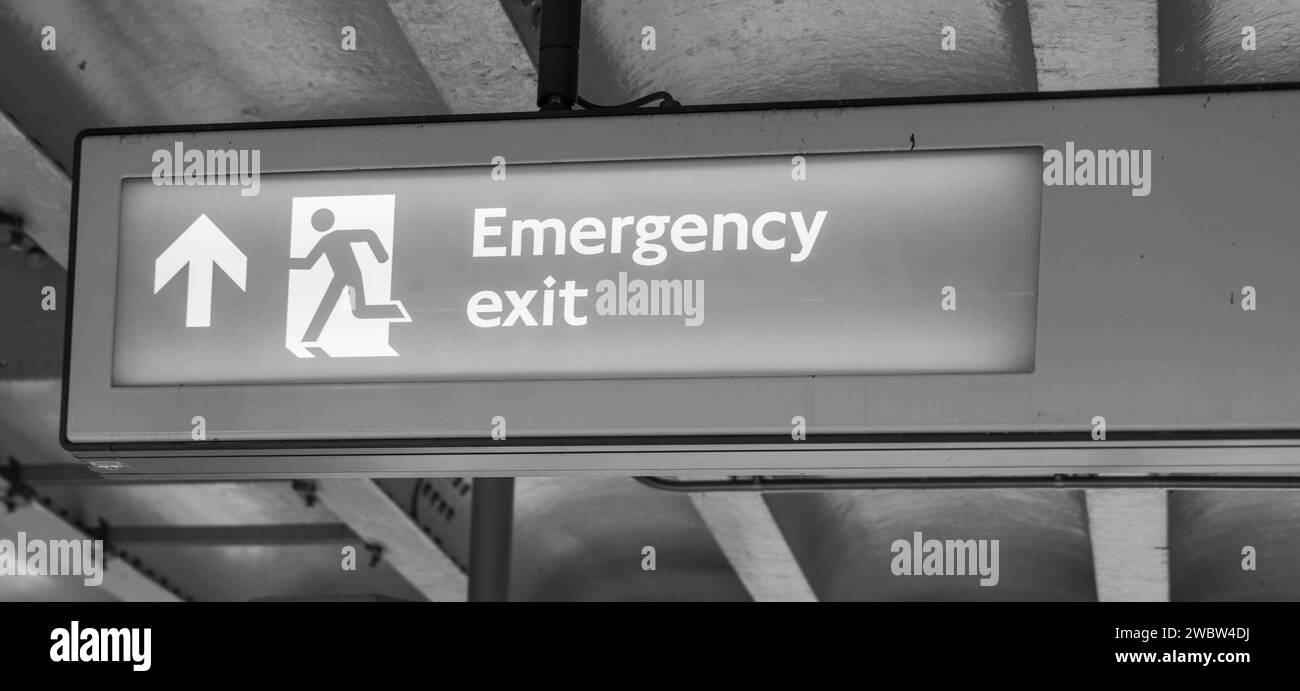 Emergency Exit sign ceiling hanging Stock Photo Alamy