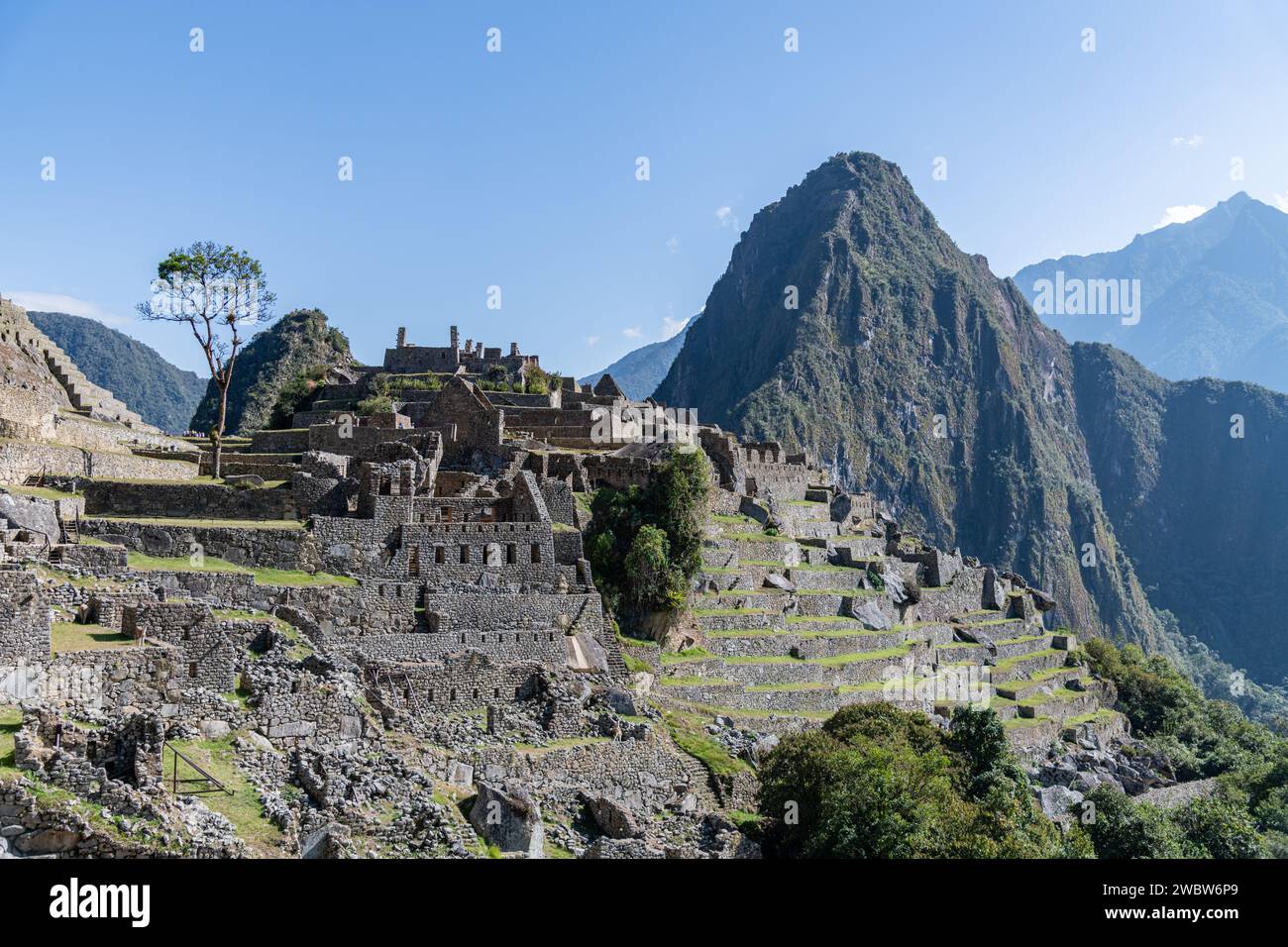 A view of the Machu Picchu citadel ruins and Huayna Picchu mountain in the Sacred Valley in Peru Stock Photo