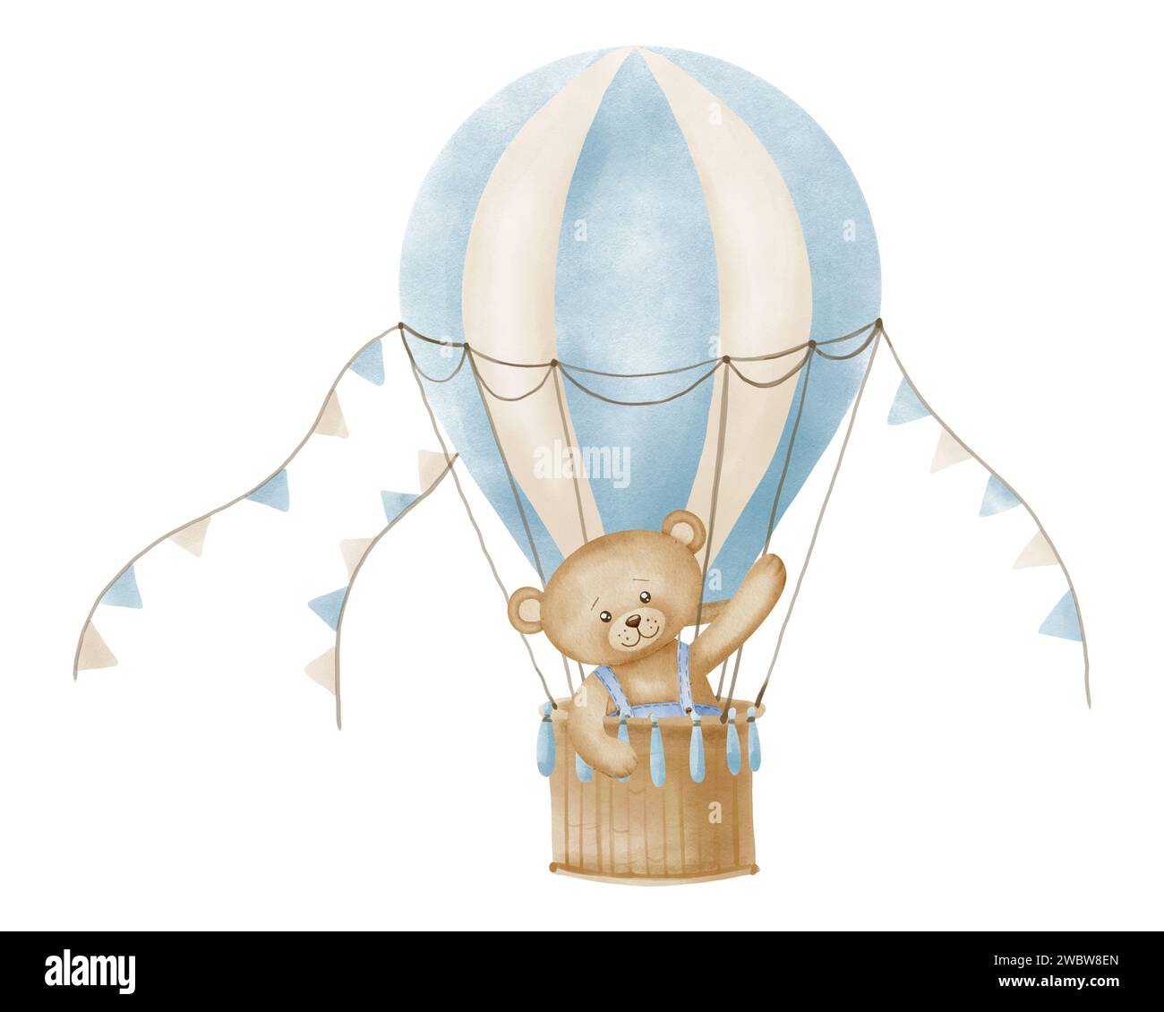Air Balloon with Teddy Bear. Vintage watercolor illustration for Baby shower greeting cards or Children party invitations. Drawing of old retro aircraft for kid design in pastel blue colors. Stock Photo