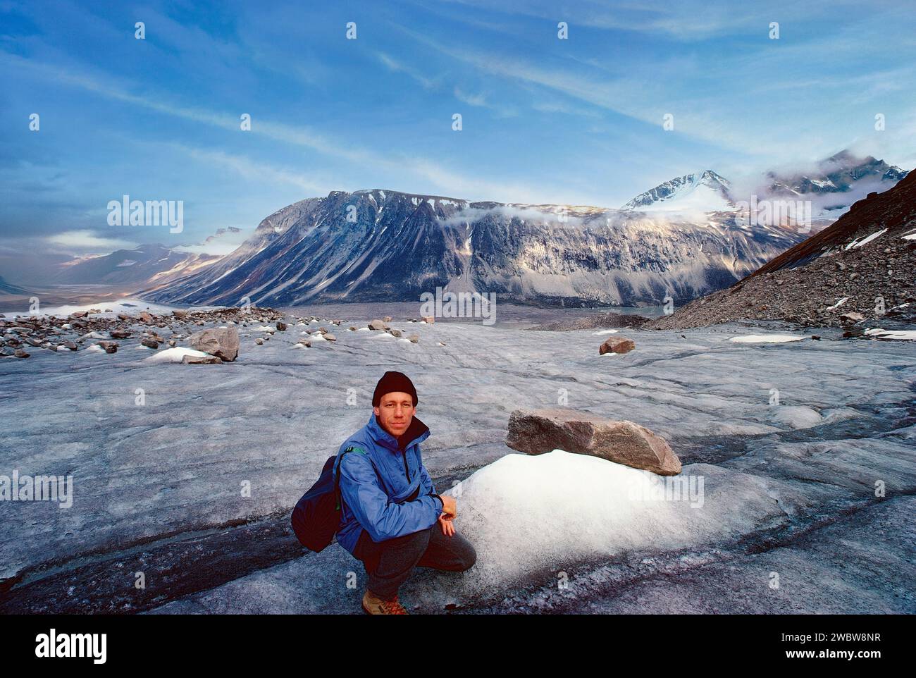 Professional photographer H. Mark Weidman climbing on the Turner Glacier; Auyuittuq National Park; Nunavut; Canada Stock Photo