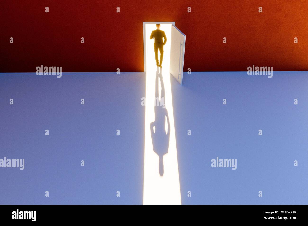 Man on the threshold of a door, view from above. Him life choices, retirement. Future and work. New ideas and change. Prospects for a better future Stock Photo