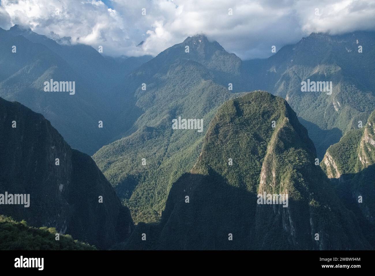 A view from the Machu Picchu citadel ruins of the Sacred Valley mountains in Peru Stock Photo