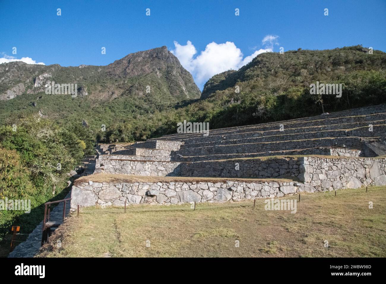 A view of the terraces and ruins of the Machu Picchu citadel in the Sacred Valley in Peru Stock Photo