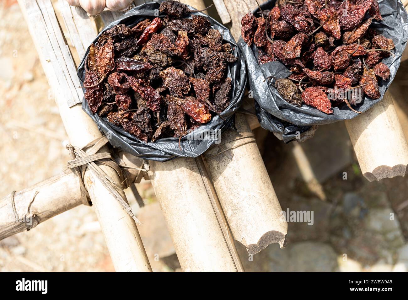 Naga Ghost Pepper Chilli Podson a stall, king chilly is among one of the hottest chili in the world. Nagaland, Northeast India Stock Photo