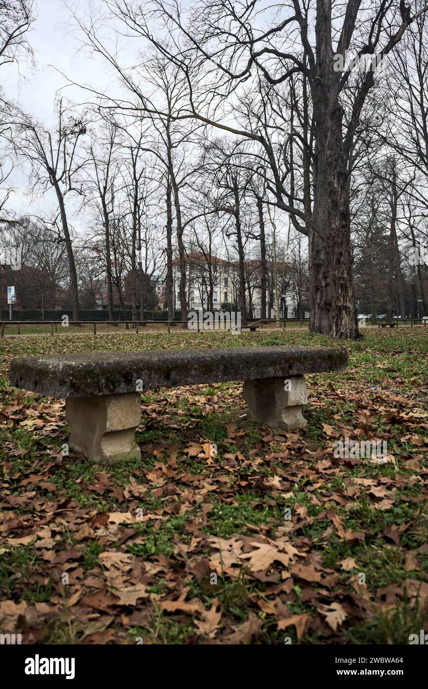 Stone bench in a lawn of a park on a cloudy day in autumn Stock Photo ...